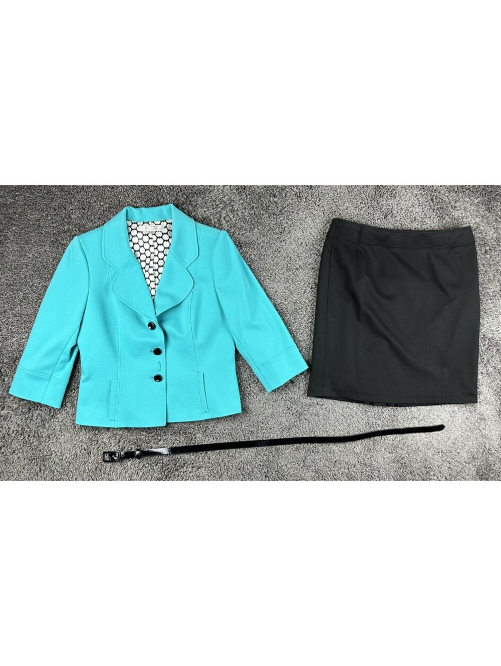 Tahari Arthur S Levine Skirt Suit Set Womens 12P Teal Blue Blazer Black Belt 3pc